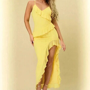 Yellow Boho Women's Solid Color High Slit Halter Neck Dress With Ruffle Hem